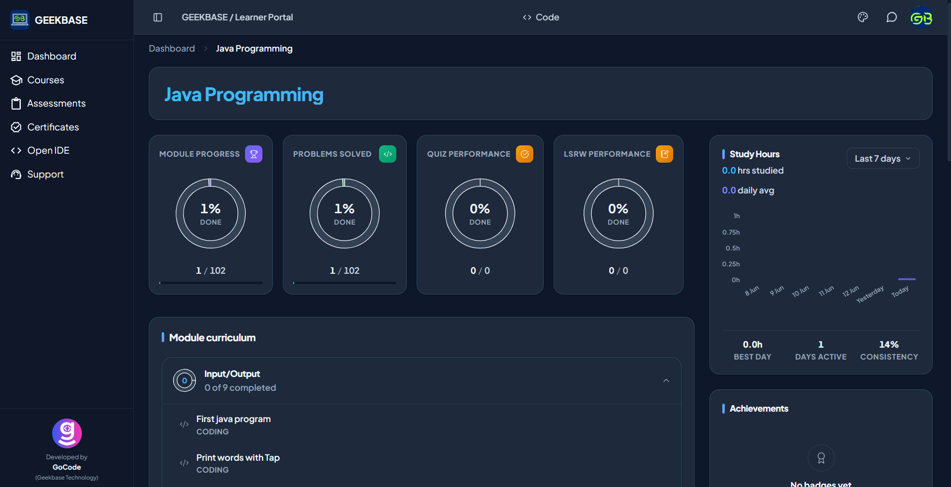 GoCode assessment dashboard used for placement training